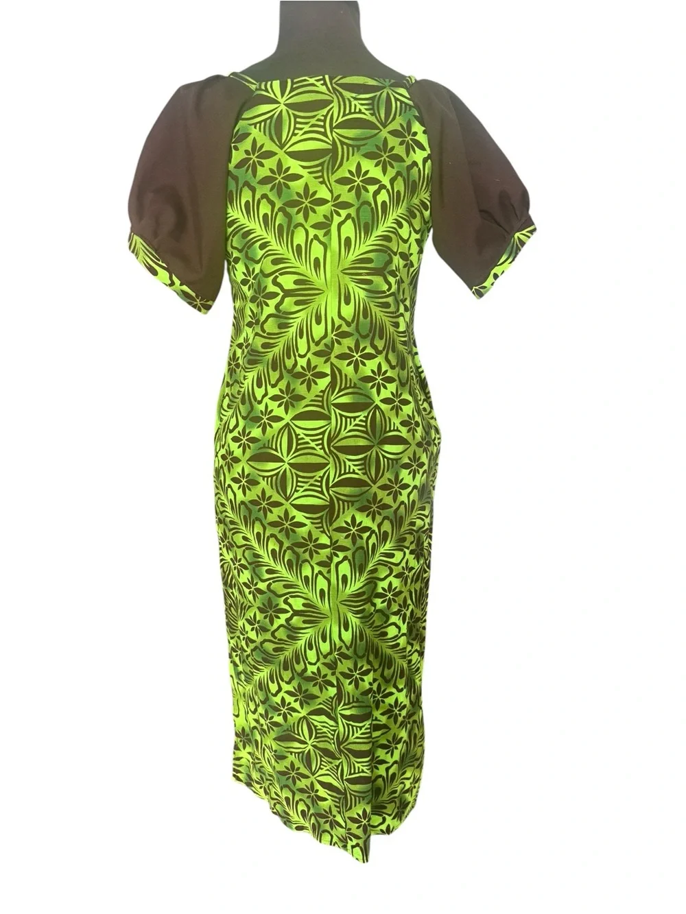 Vintage Handmade Hawaiian Tiki Floral Maxi Dress Green Brown Barkcloth Print S